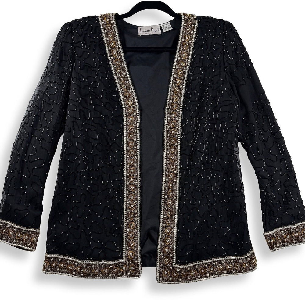 Laurence Kazar Vintage Silk Beaded Evening Jacket Black Gold Pearl Medium